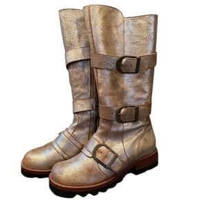 Jim Barnier Free People Hand Crafted Metallic Lug Sole Engineer Boots Size 6